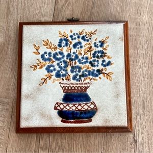 Vintage Wood Framed Floral Tile By Tile‎ Creation Handcrafted By Mel Irvine, Cal